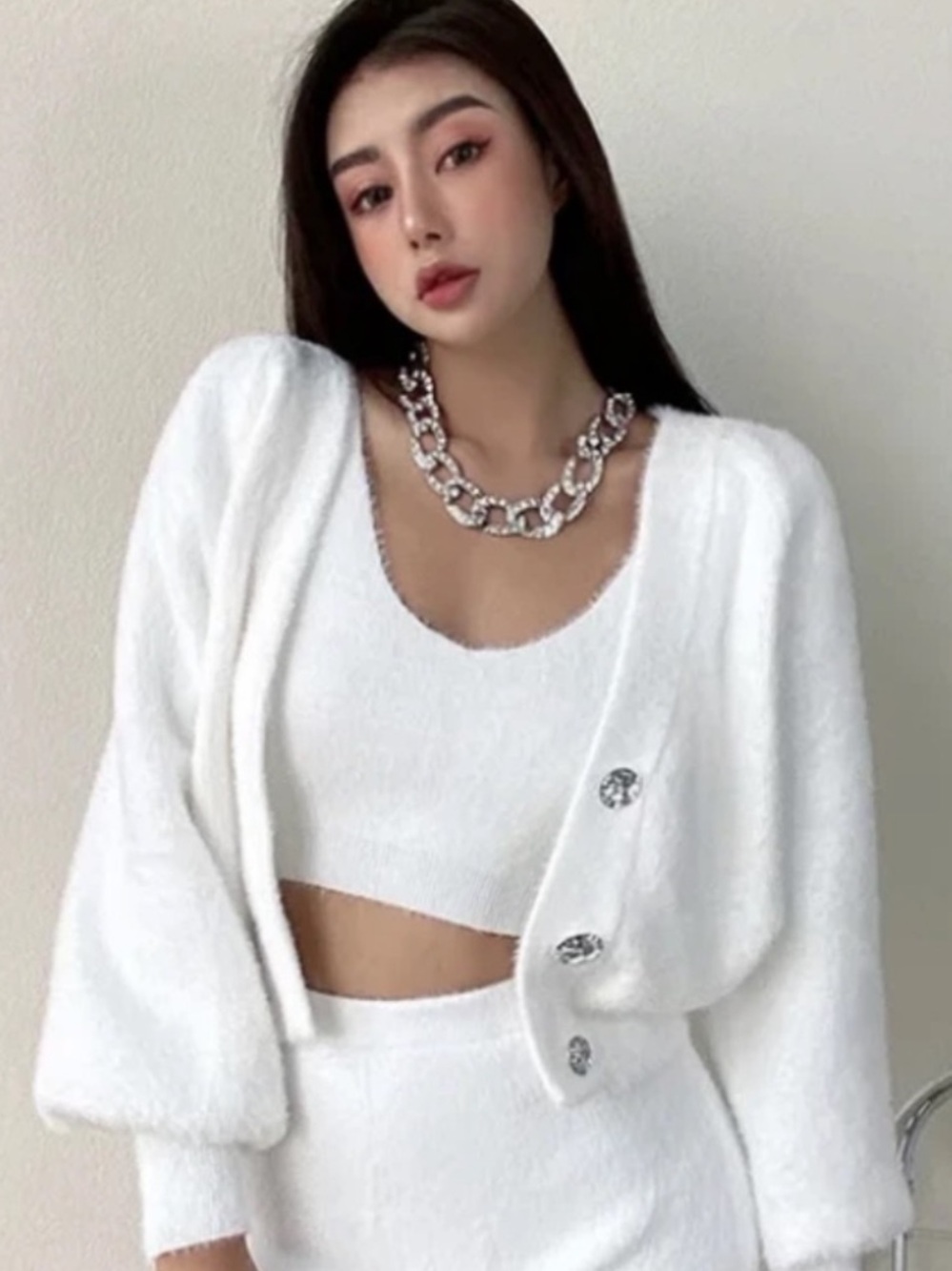 For Love And Lemons White Fuzzy Cropped Cardigan